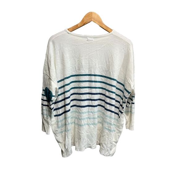 Mersea White & Blue Striped Long Sleeve Heart Elbow Women's Sweater Size OS - Picture 2 of 5